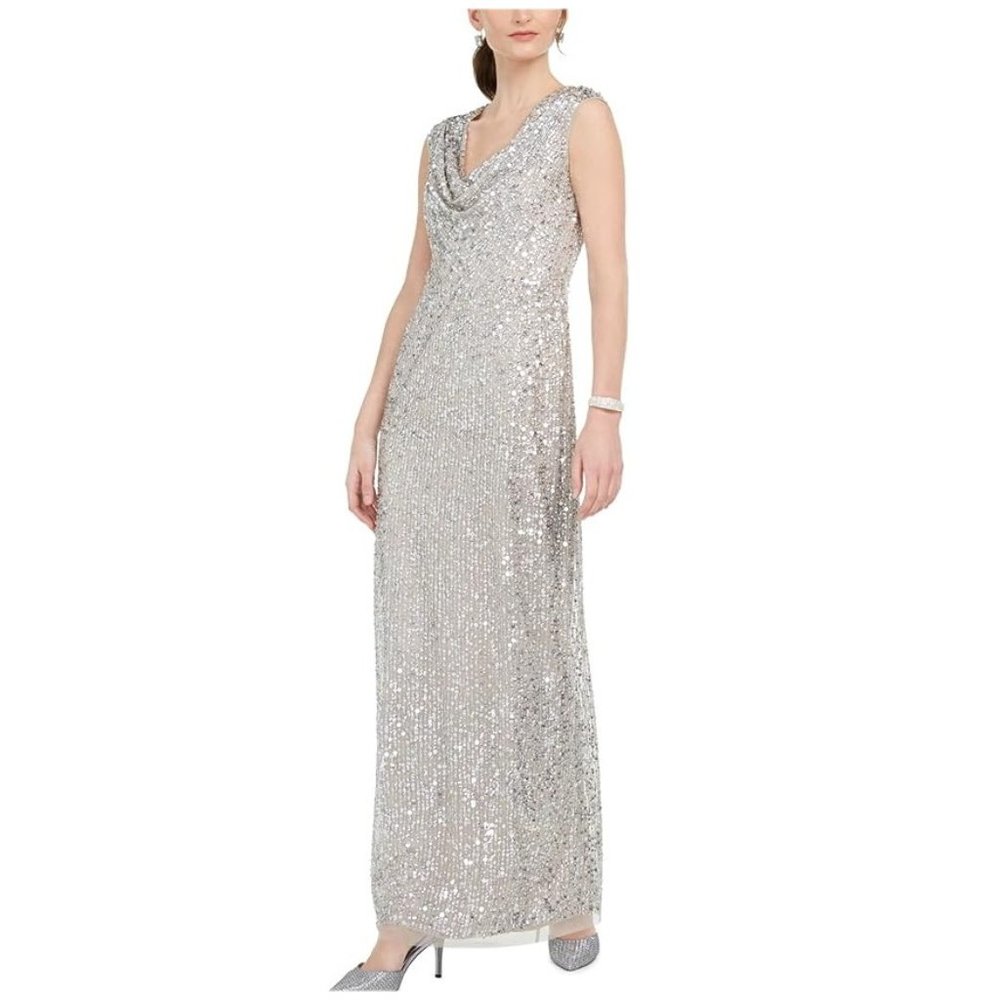 Adrianna Papell Women's Long Beaded Dress 4 Silver